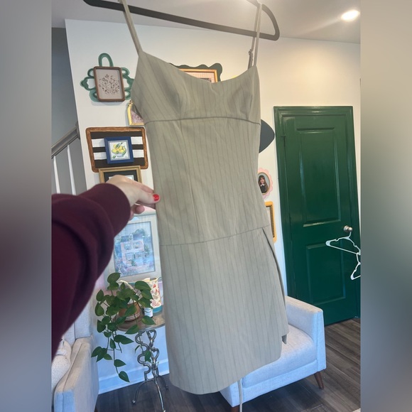 Zara Adjustable Stap Pinstripe Mini Dress in Light Cream - Picture 3 of 13